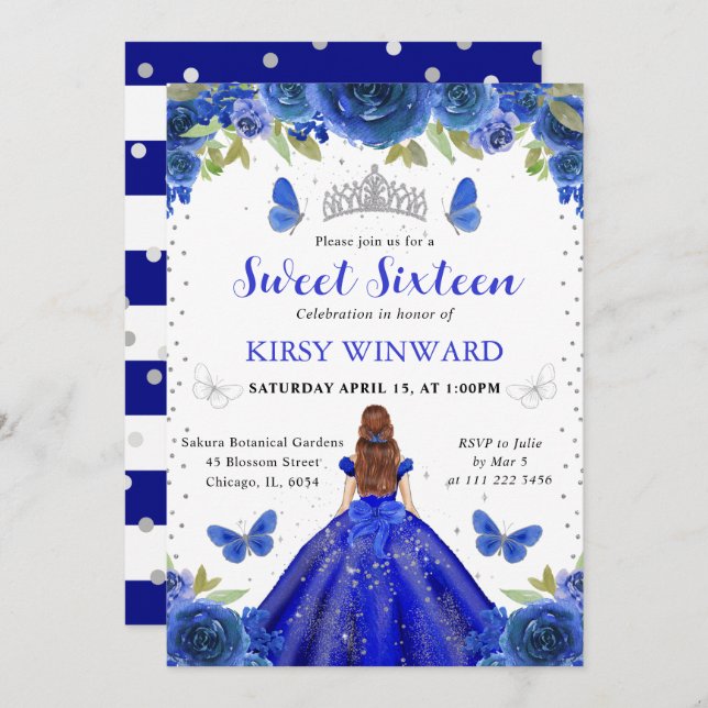 Royal Blue Dress Red Haired Princess Sweet 16 Invitation (Front/Back)