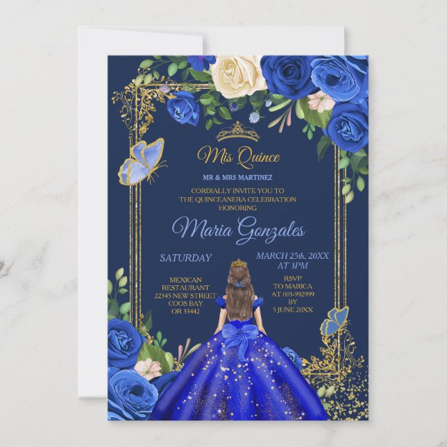 Royal Blue Dresses Mis Quince 15th Girl Birthday Invitation (Front)