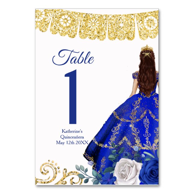 Royal Blue Dresses Quinceañera Crown Table Number (Front)