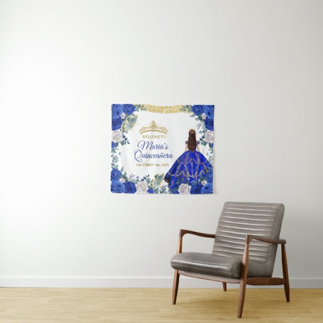 Royal Blue Dresses Quinceañera Gold Welcome Sign Tapestry (In Situ (Horizontal))