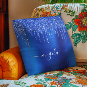 Royal Blue Dripping Glitter Glam Name Cushion