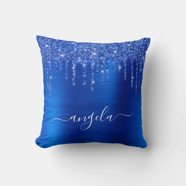 Royal Blue Dripping Glitter Glam Name Cushion (Front)