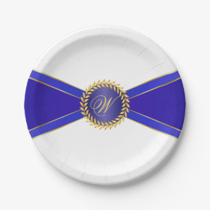 Royal Blue Elegance Monogram Paper Plate