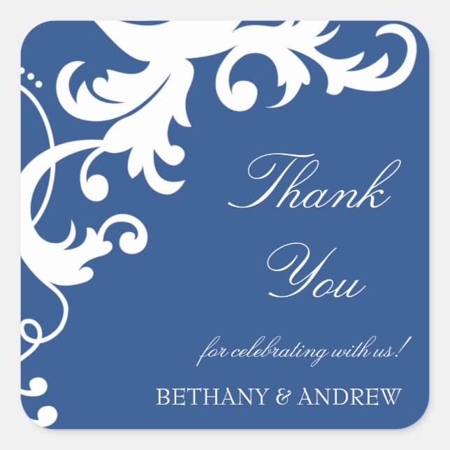 Royal Blue Elegant Damask Thank You Stickers (Front)