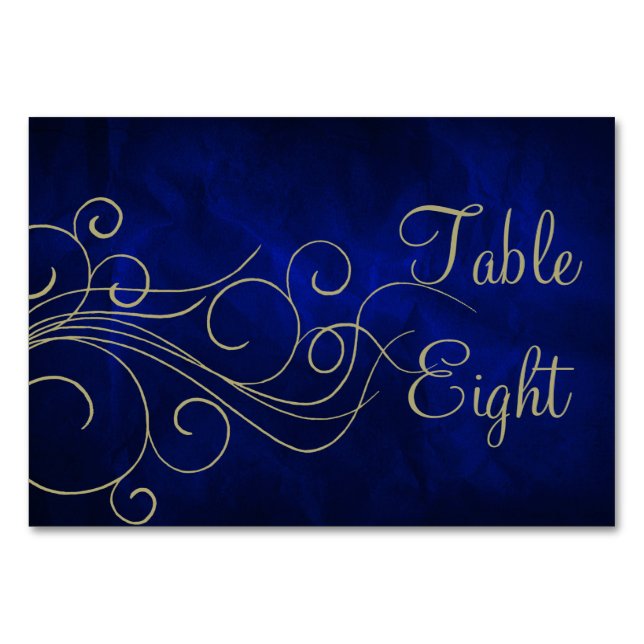 Royal Blue Elegant Gold Swirl Table Number (Front)