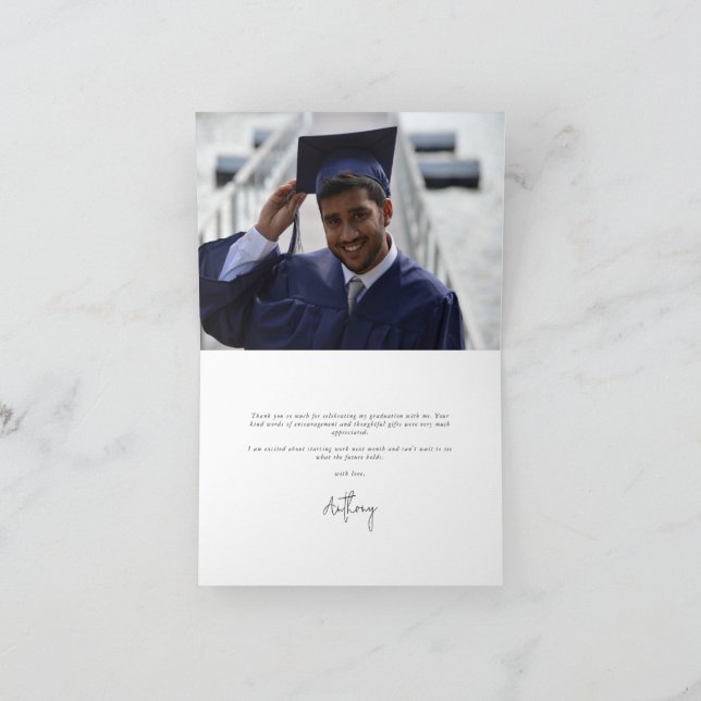 Royal Blue Elegant Script Graduation Photo+Message Thank You Card (Inside)