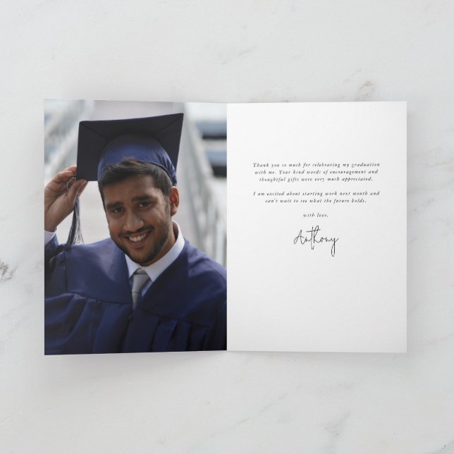 Royal Blue Elegant Script Graduation Photo+Message Thank You Card (Inside)