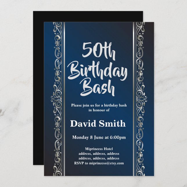 royal blue, elegant, sliver, birthday bash invitation (Front/Back)