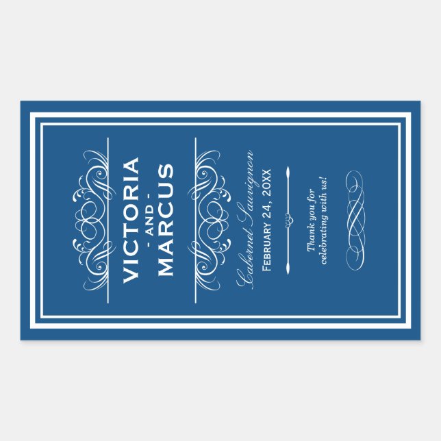 Royal Blue Elegant Wedding Monogram Wine Bottle Rectangular Sticker (Front)