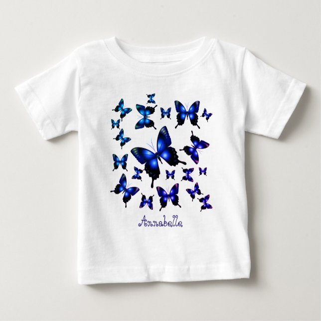 Royal Blue Elegant Whimsical Butterflies Baby T-Shirt (Front)