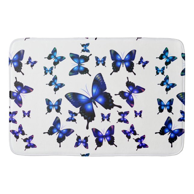 Royal Blue Elegant Whimsical Butterflies Bath Mat (Front)