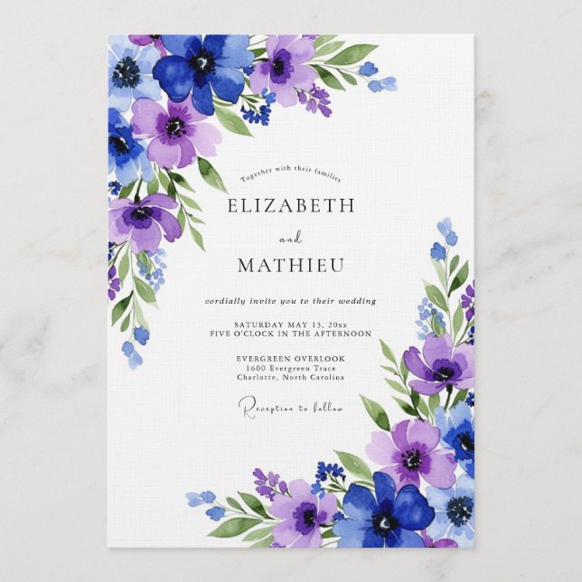 Royal Blue Ethereal Flora Wedding Invitation (Front)