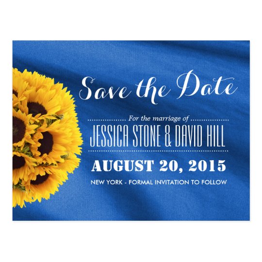Royal Blue Fabric Sunflowers Save the Date Postcard