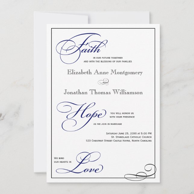 Royal Blue Faith Hope Love Wedding Invitation (Front)