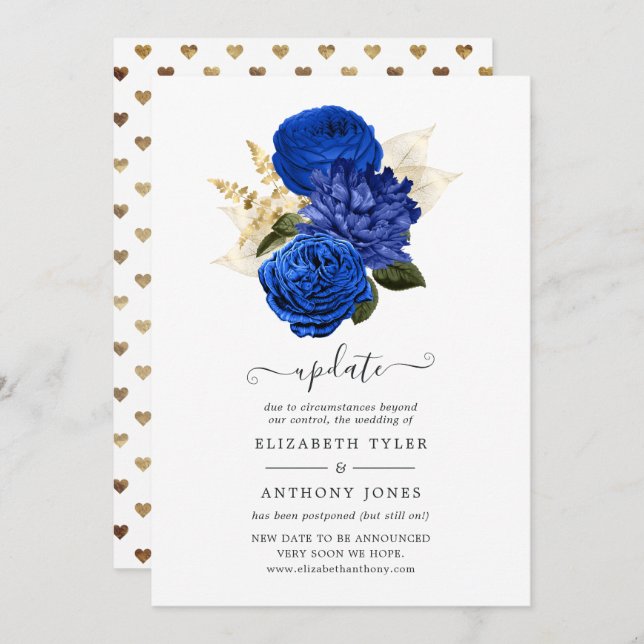 Royal Blue & Faux Foil Gold Floral Wedding Update Invitation (Front/Back)