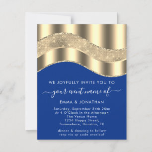 Royal Blue Faux Gold Border Wave QR Code Wedding