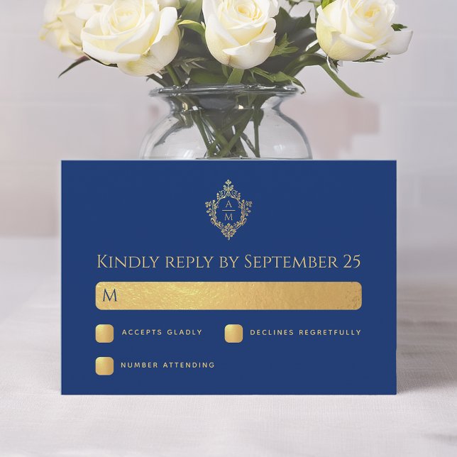 Royal Blue Faux Gold Foil Crest Monogram Wedding RSVP Card (Creator Uploaded)