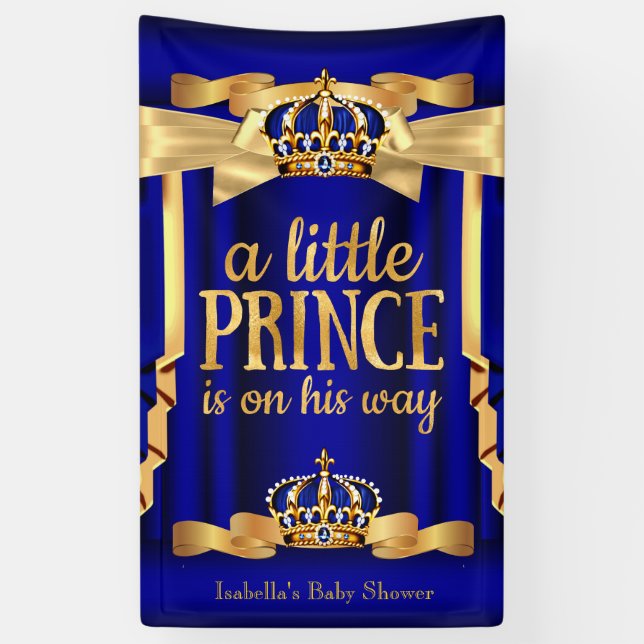Royal Blue Faux Gold Foil Crown Baby Shower Banner (Vertical)