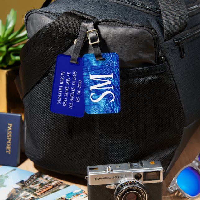 Royal Blue Faux Leather Monogram Luggage Tag (Front & Back)
