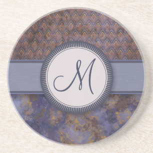 Royal Blue Feather Pattern with Monogram Coaster