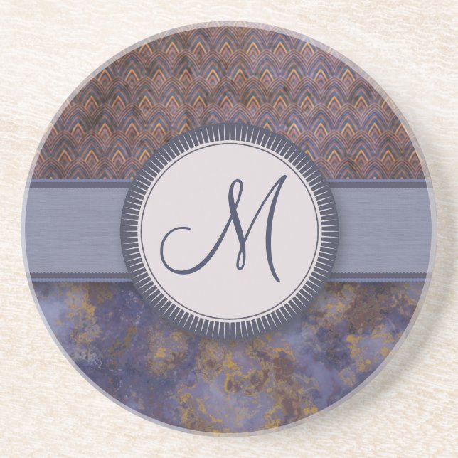 Royal Blue Feather Pattern with Monogram Coaster (Front)