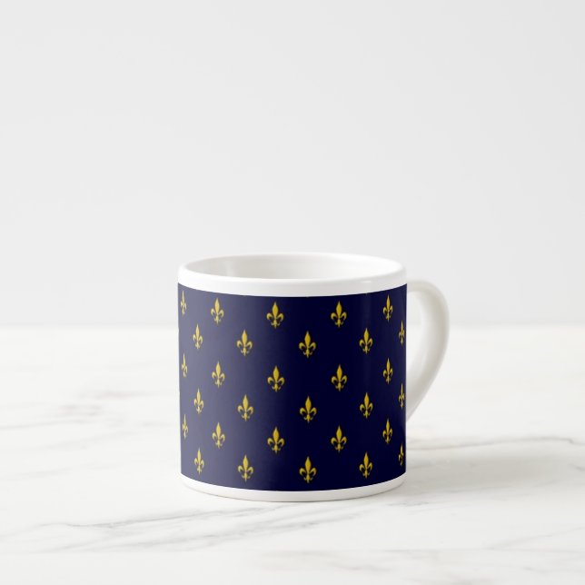 Royal Blue Fleur De Lis Pattern Espresso Cup (Front Right)