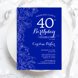 Royal Blue Floral 40th Birthday Party Invitation