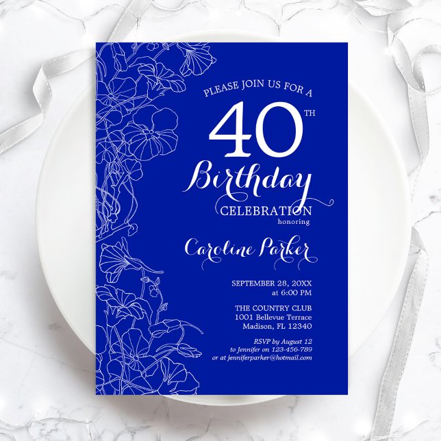 Royal Blue Floral 40th Birthday Party Invitation (Creator Uploaded)