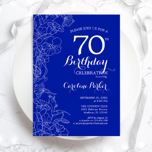 Royal Blue Floral 70th Birthday Party Invitation