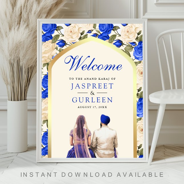 Royal Blue Floral Anand Karaj Wedding Welcome Sign (Creator Uploaded)