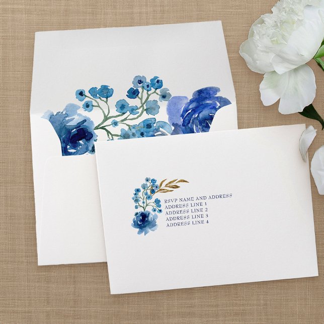 Royal Blue Floral and Gold Leaf Addressed RSVP Envelope (Self Address blue floral envelopes from my Rose and Gold Leaf quinceanera collection)