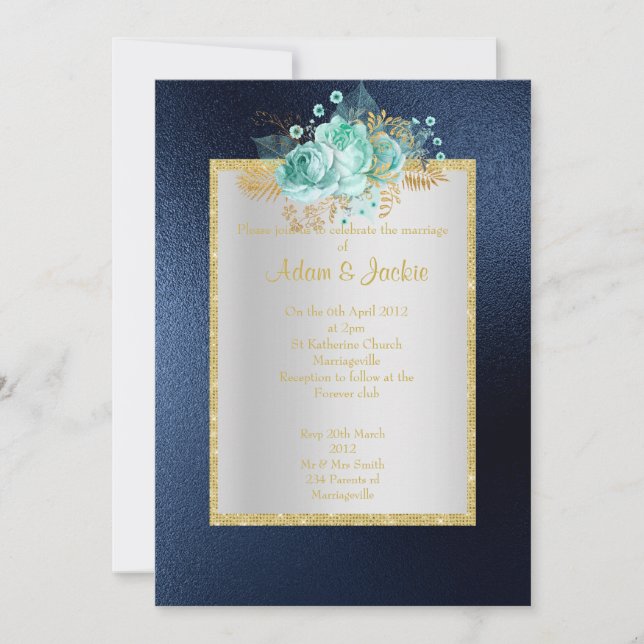 ROYAL BLUE Floral aqua ELEGANT CLASSY WEDDING Invitation (Front)