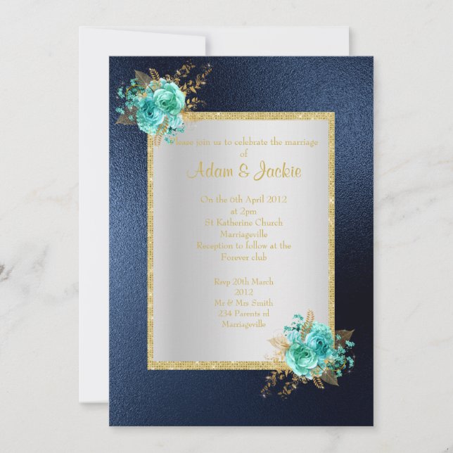 ROYAL BLUE Floral aqua ELEGANT CLASSY WEDDING Invitation (Front)