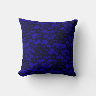 Royal Blue Floral Black Lace Throw Pillow