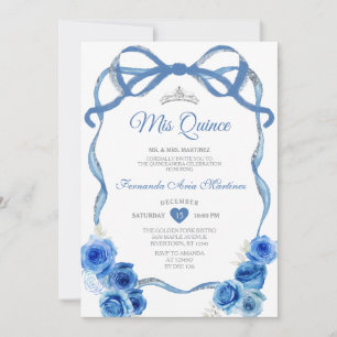 Royal Blue Floral Bow Ribbon Silver Mis Quince Invitation