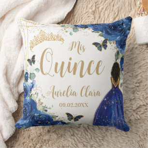 Royal Blue Floral Brown Princess Quinceañera XV Cushion