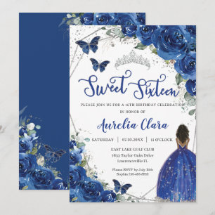 Royal Blue Floral Brown Princess Sweet 16 Birthday Invitation