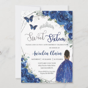 Royal Blue Floral Brown Princess Sweet 16 Birthday Invitation