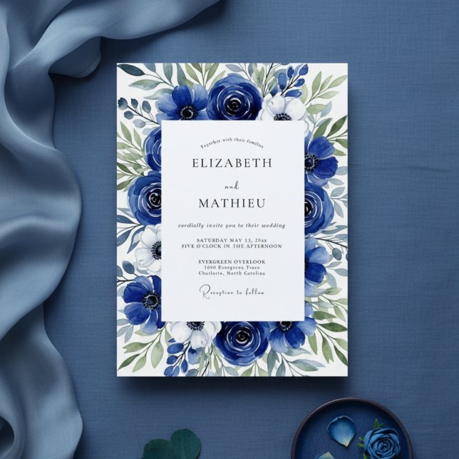 Royal Blue Floral Brushstroke Wedding Invitation (Creator Uploaded)