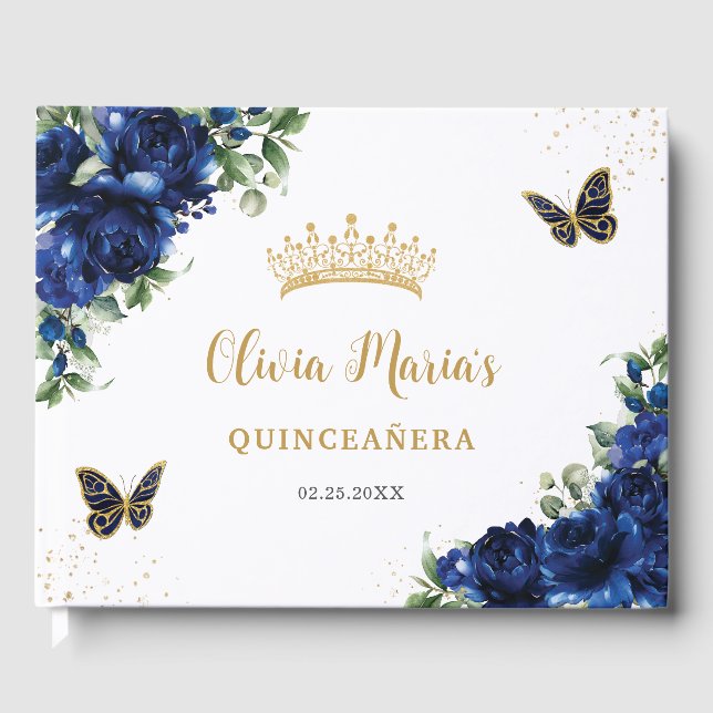 Royal Blue Floral Butterflies Gold Quinceanera Guest Book (Front)