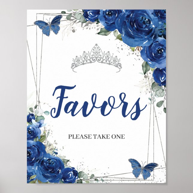 Royal Blue Floral Butterflies Quinceañera Favors Poster (Front)