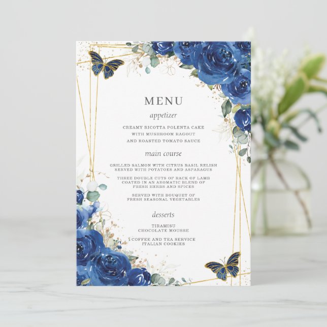 Royal Blue Floral Butterflies Quinceanera Menu (Standing Front)