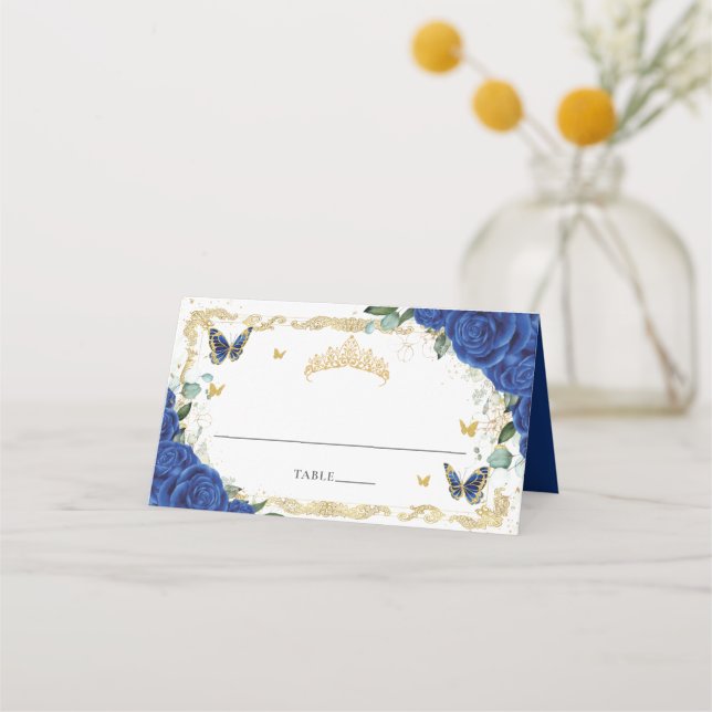 Royal Blue Floral Butterflies Quinceañera Sweet 16 Place Card (Front)