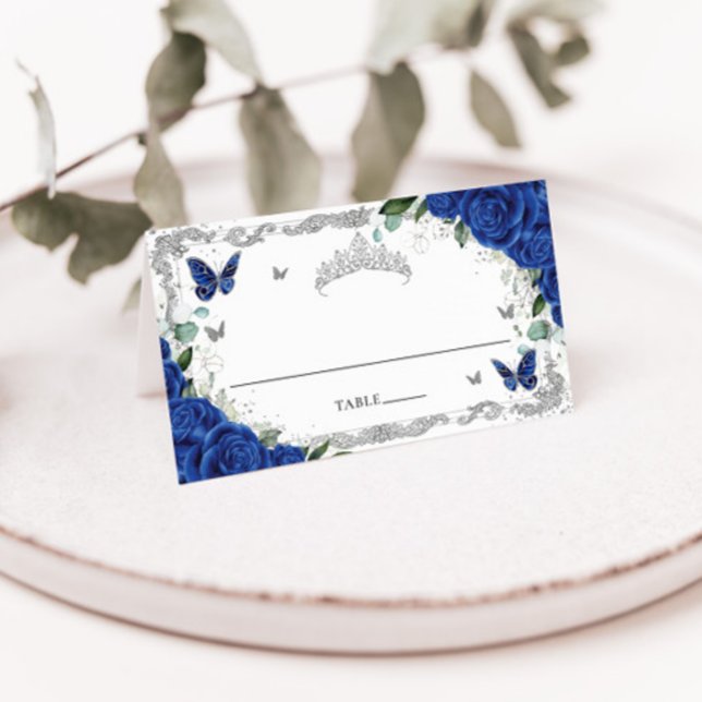 Royal Blue Floral Butterflies Quinceañera Sweet 16 Place Card (Creator Uploaded)