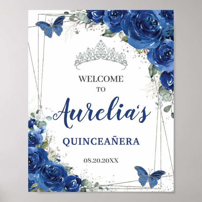 Royal Blue Floral Butterflies Quinceañera Welcome Poster (Front)