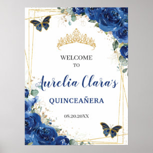 Royal Blue Floral Butterflies Quinceanera Welcome Poster