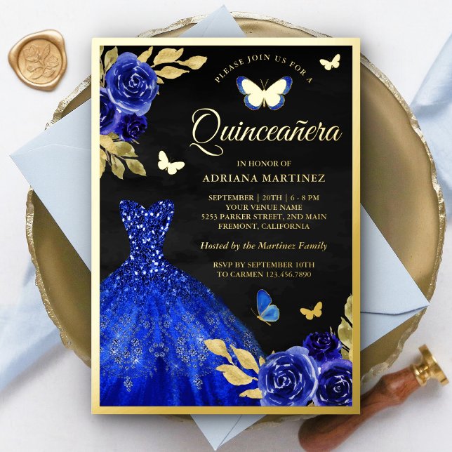 Royal Blue Floral Butterfly Black Quinceanera Gold (Creator Uploaded)