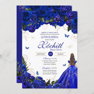 Royal Blue Floral Butterfly Elegant Quinceañera  Invitation