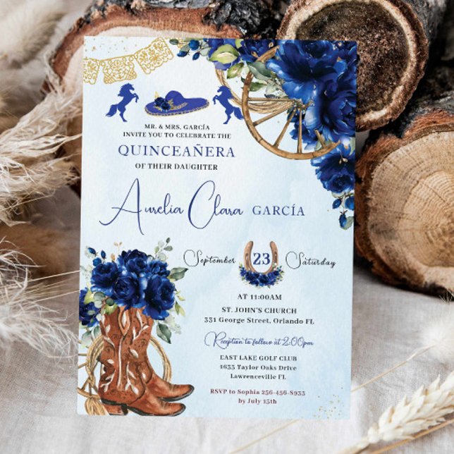 Royal Blue Floral Charro Cowgirl Quinceanera XV 15 Invitation (Creator Uploaded)