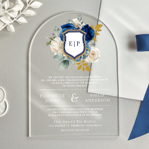 Royal Blue Floral Crest Monogram Wedding Acrylic Invitations